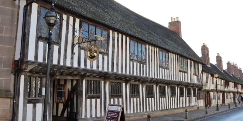 Exterior shot of Shakespeare's school in Stratford - black and white tudor building